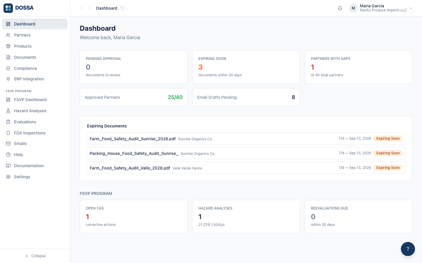 The DOSSA dashboard showing compliance across every supplier