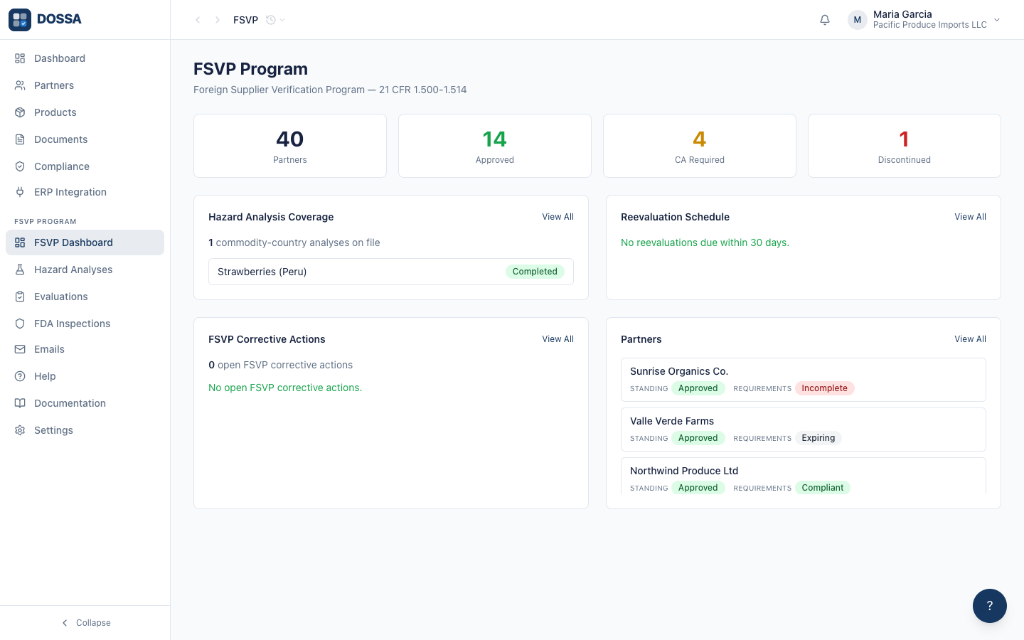 DOSSA FSVP dashboard showing program status across suppliers